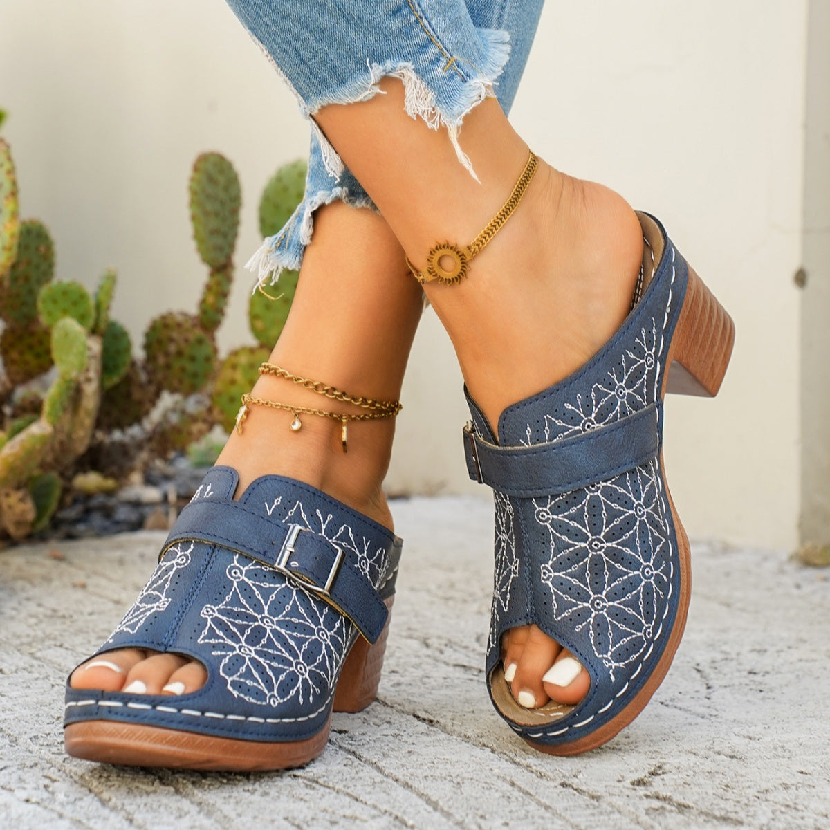 Buckle Decor Block Heel Sandals - Be Bliss Boutique