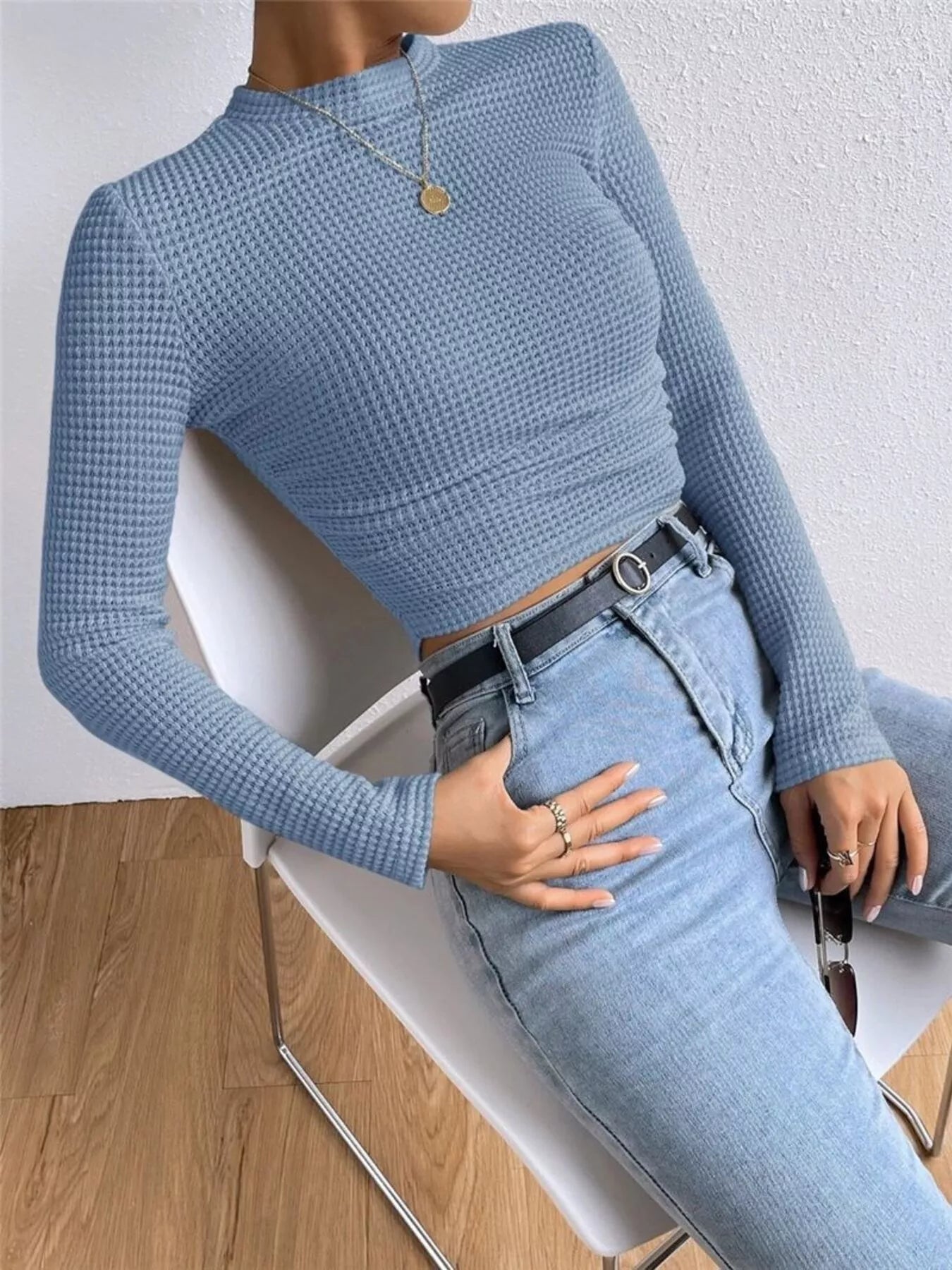 Waffle Knit Long Sleeve T-Shirt - Be Bliss Boutique