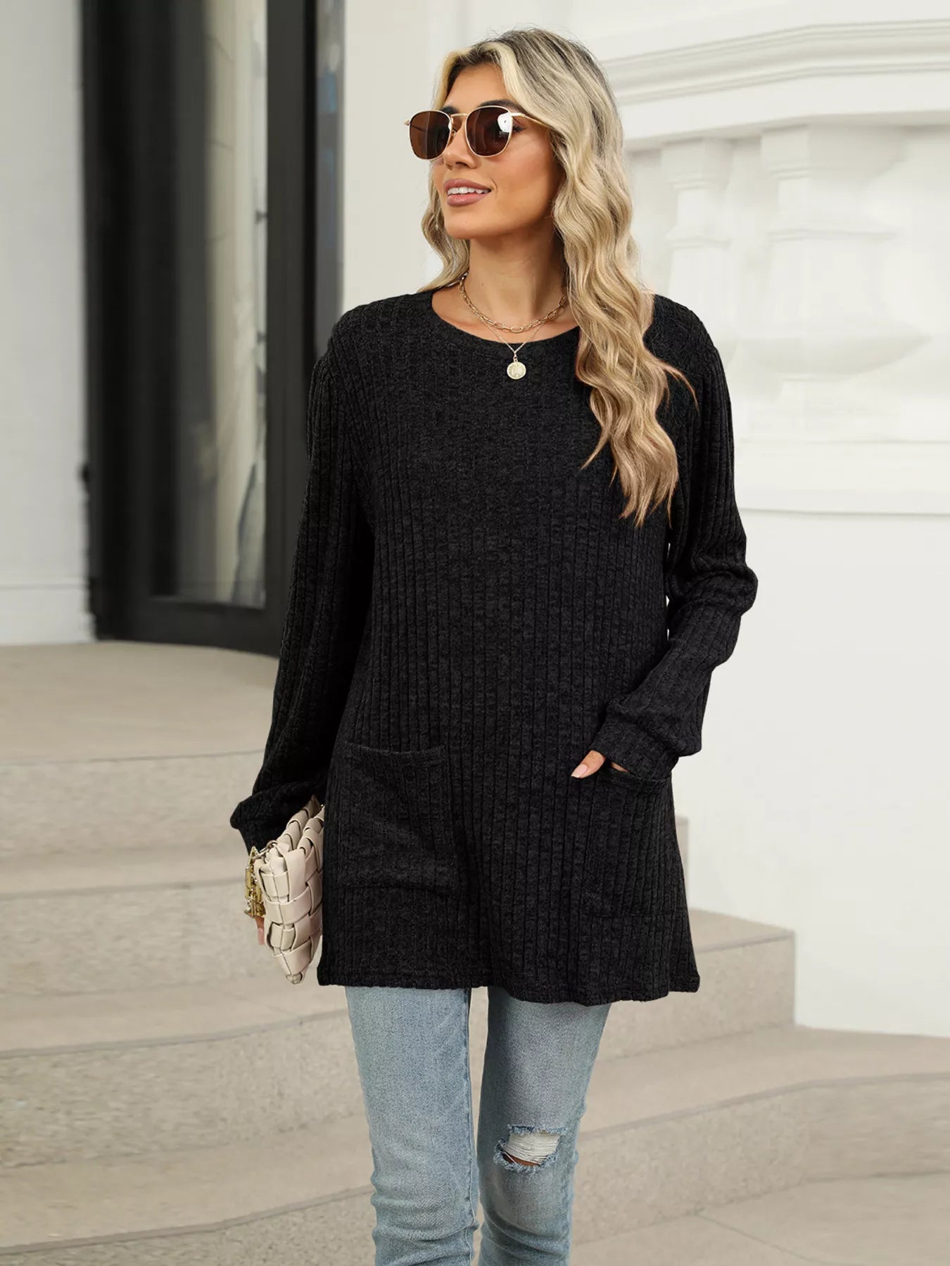 Cozy Ribbed Knit Long Sleeve Tunic Top with Pockets -  Be Bliss Boutique