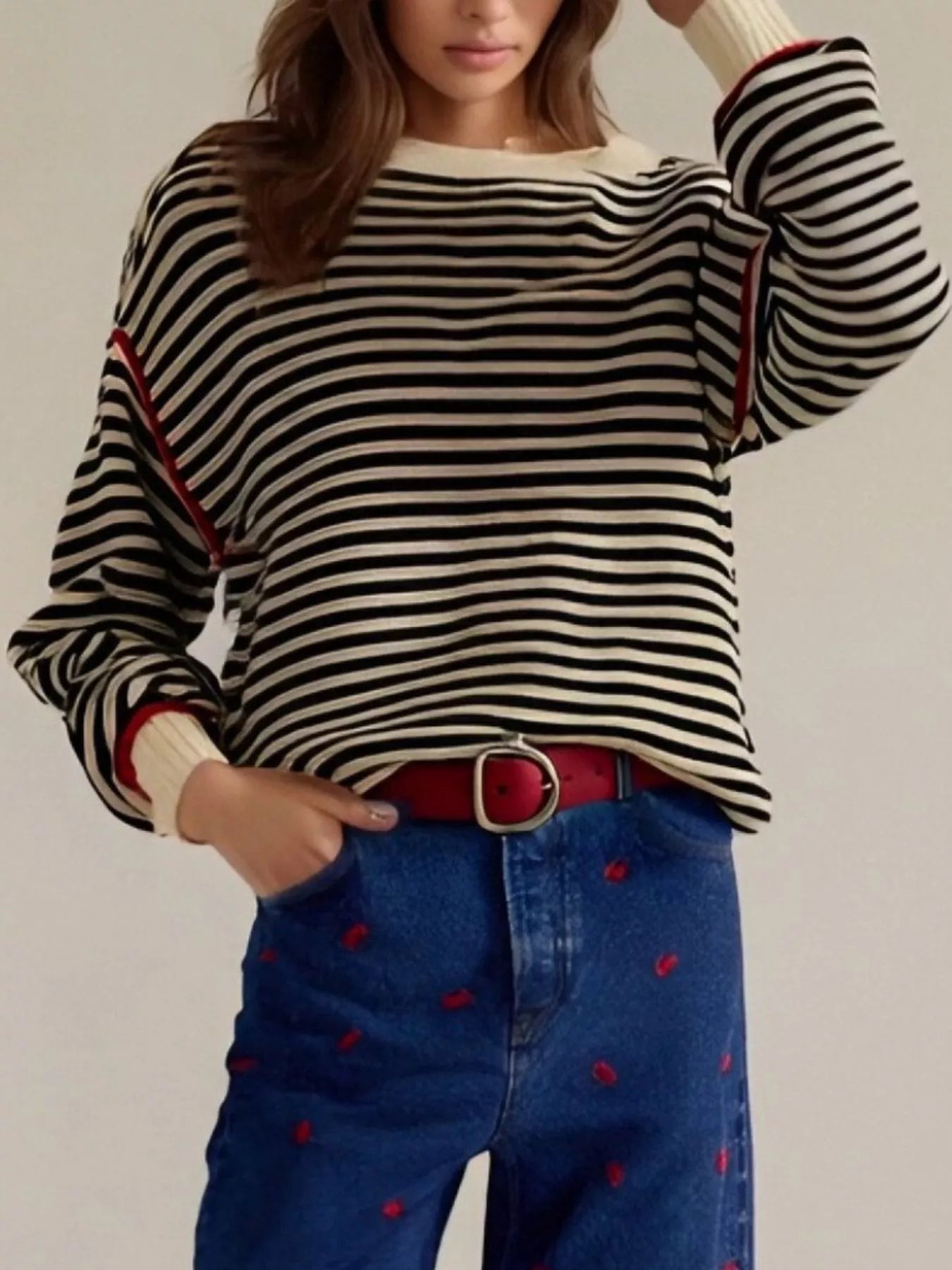 Striped Round Neck Long Sleeve Sweater -  Be Bliss Boutique