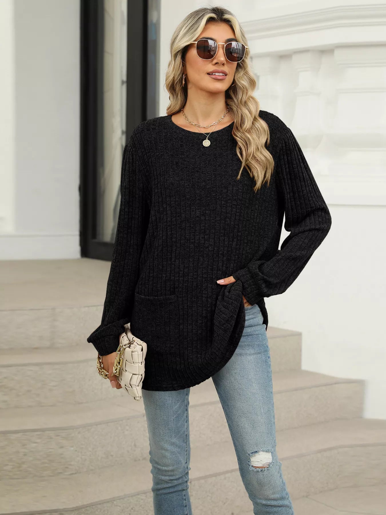 Cozy Ribbed Knit Long Sleeve Tunic Top with Pockets -  Be Bliss Boutique