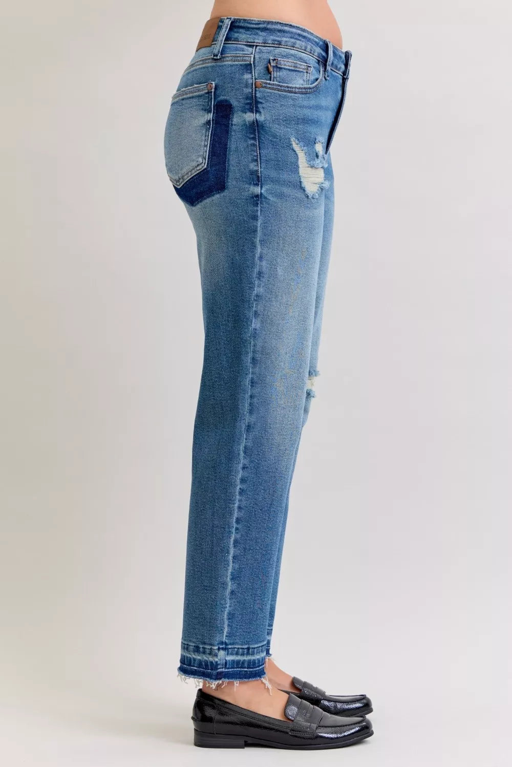 Judy Blue Full Size Mid Rise Bf Patch & Repair Destroy Release Hem Jeans Plus Size - Be Bliss Boutique