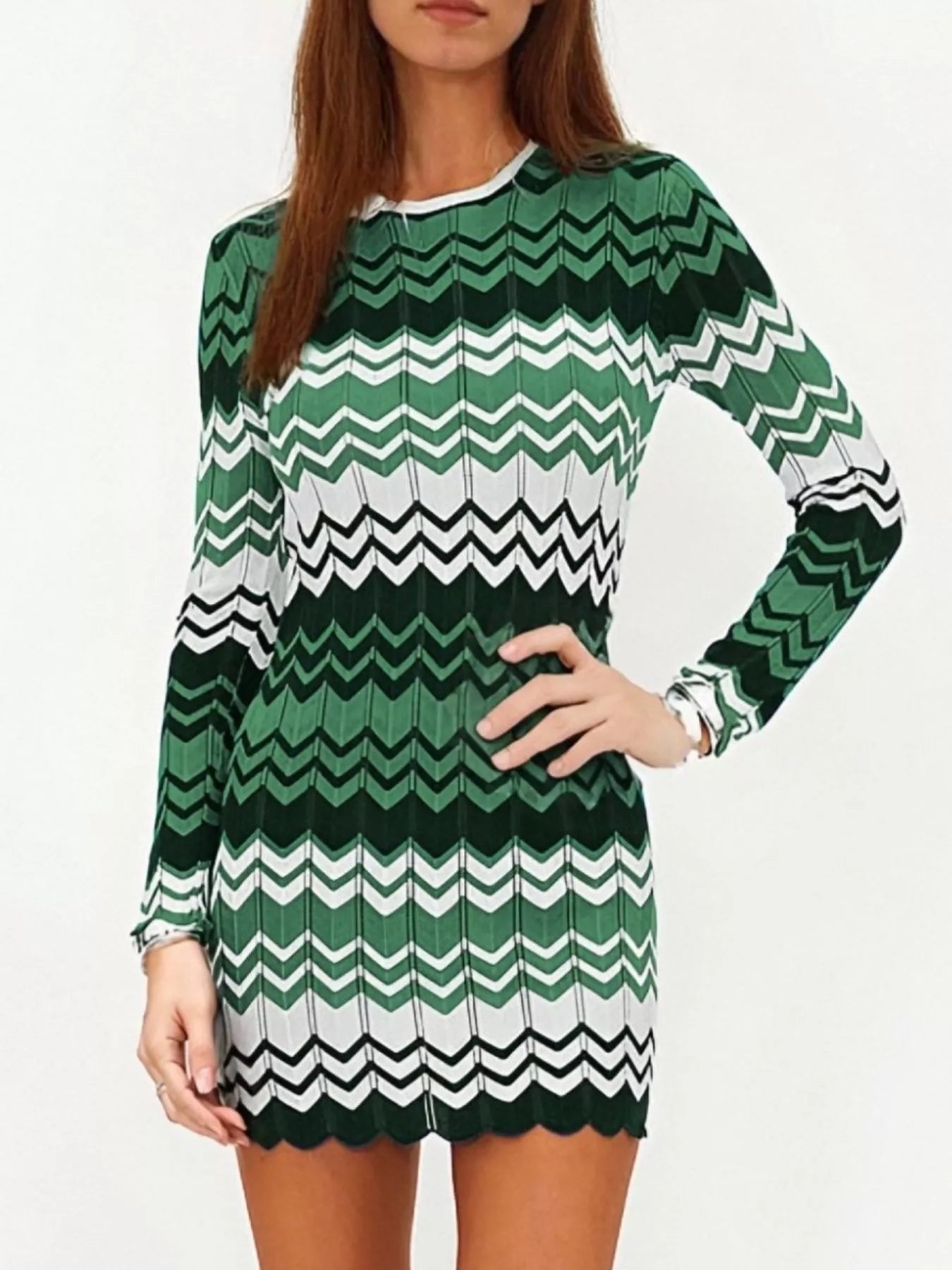 Openwork Wave Pattern Long Sleeve Sweater Dress -  Be Bliss Boutique