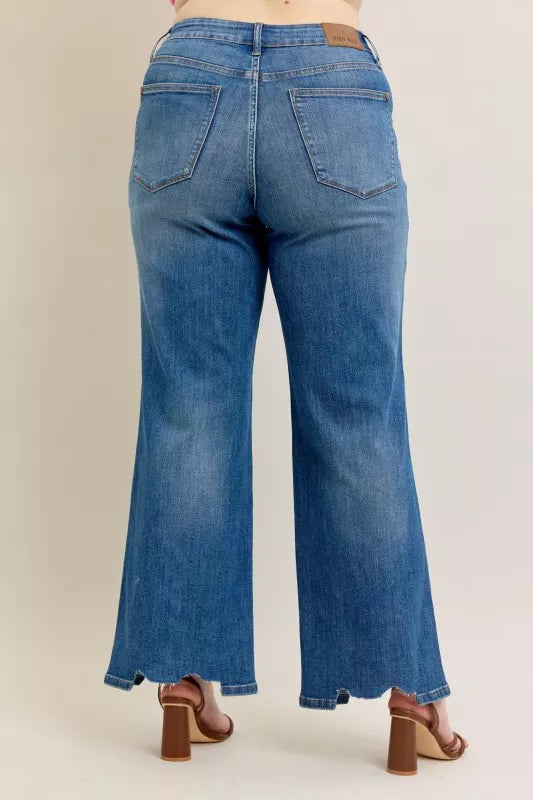 Judy Blue Full Size High Waist Tummy Control Chew Hem Destroy Wide Jeans Plus Size - Be Bliss Boutique