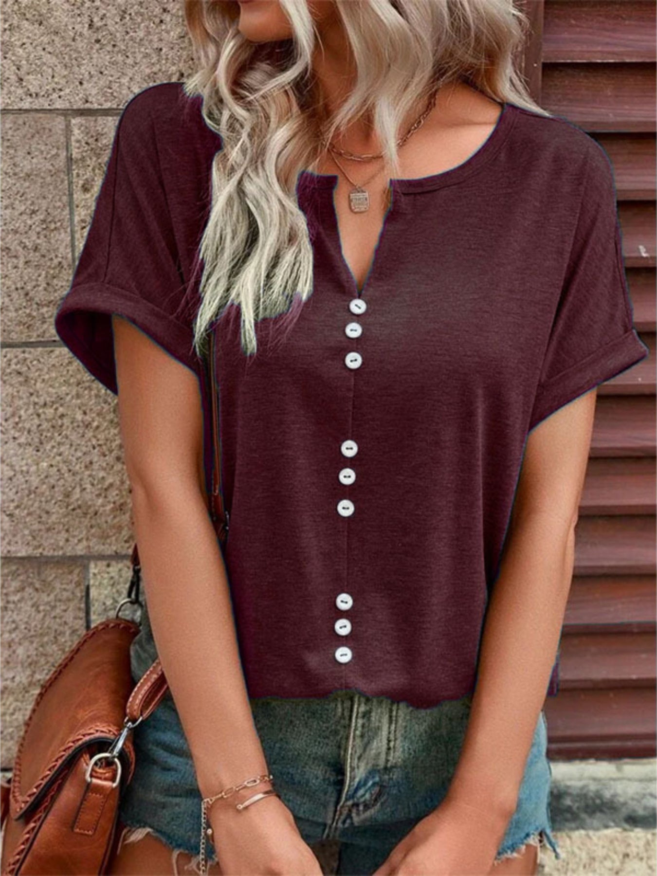 Full Size Decor Button Short Sleeve T Shirt - Be Bliss Boutique