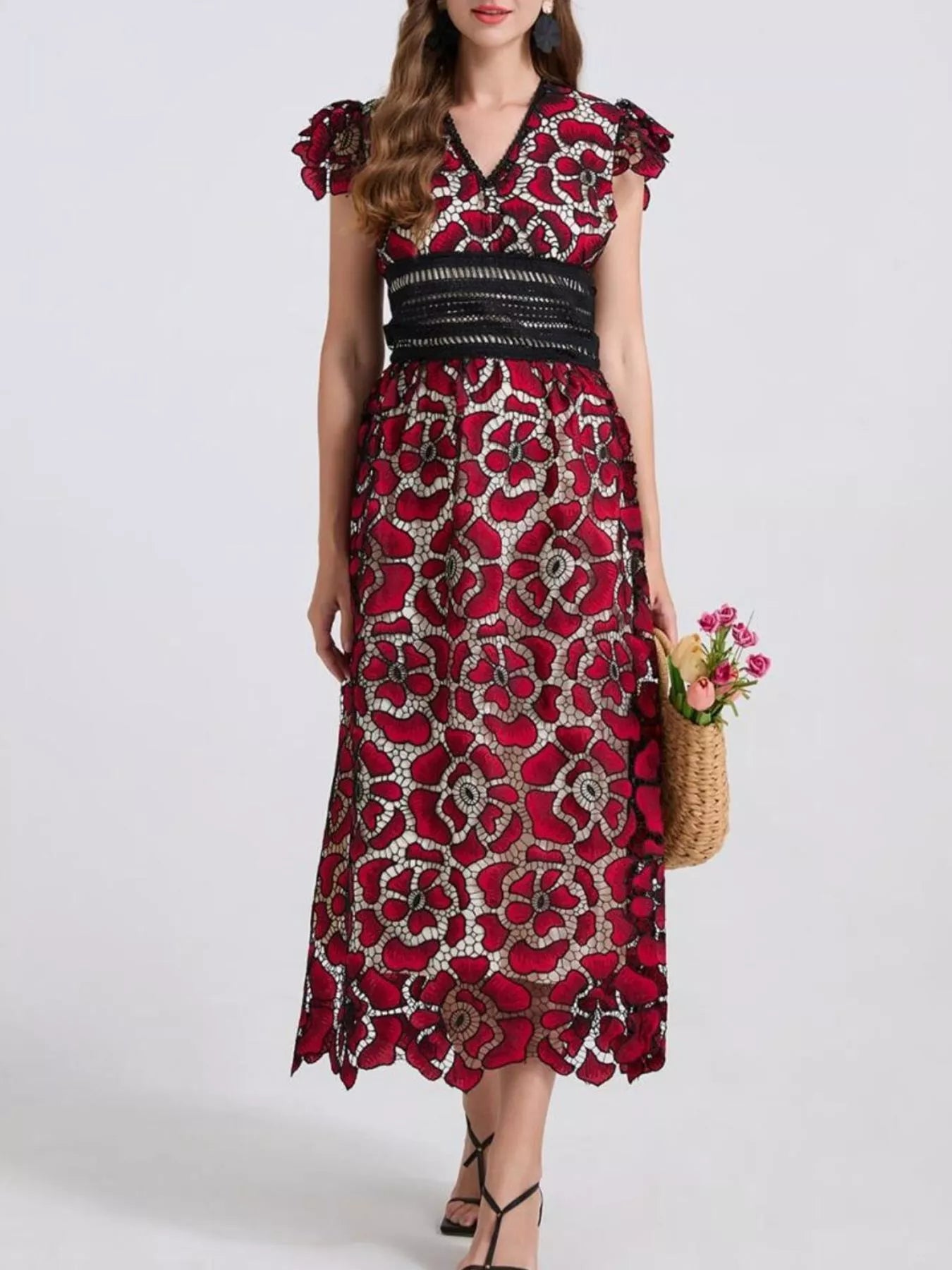 Printed V-Neck Ruffle Sleeve Midi Dress - Be Bliss Boutique