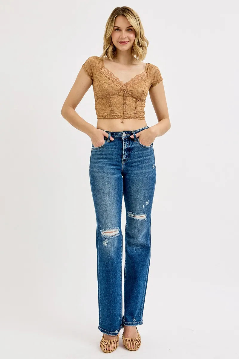 RISEN Full Size Tummy Control High Rise Straight Distressed Jeans Plus Size -  Be Bliss Boutique