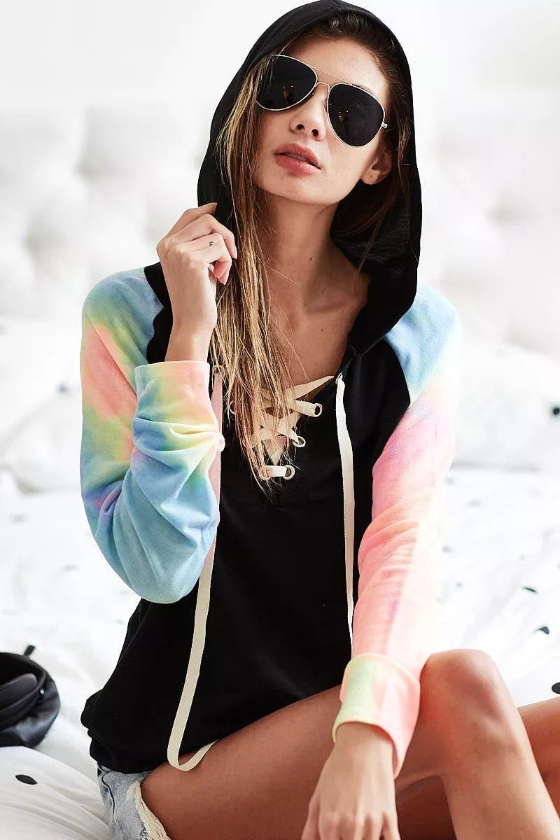 BiBi French Terry Lace Up Hoodie With Tie Dye Sleeves -  Be Bliss Boutique