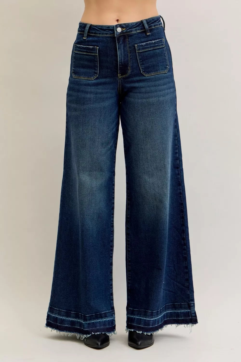 Judy Blue High Waist Palazzo Jeans with Front Patch Pockets - Be Bliss Boutique