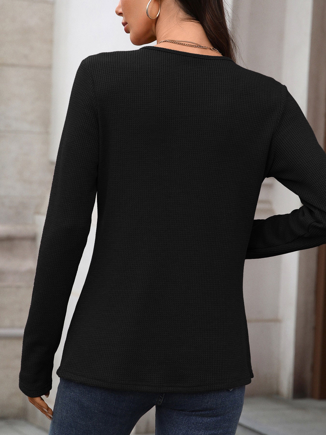 Women's Waffle Knit Long Sleeve Button Henley T Shirt - Be Bliss Boutique