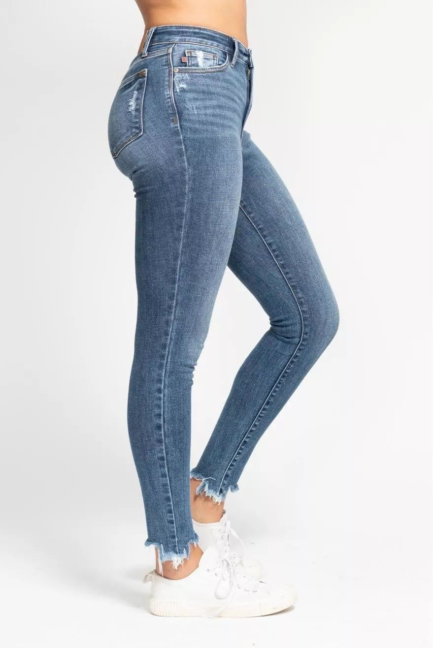 Judy Blue Jeans - High Waist Skinny Jeans with Destroy & Shark Bit Hem - Be Bliss Boutique