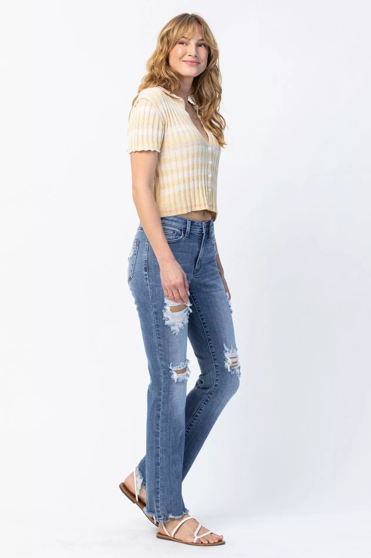 Judy Blue Full Size Mid Rise Destroy Straight Jeans Plus Size - Be Bliss Boutique
