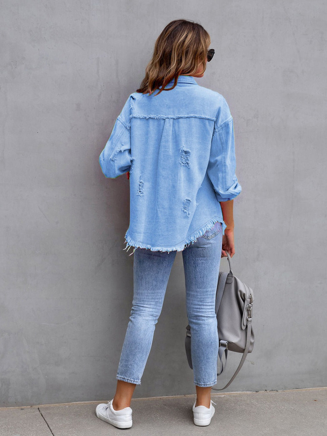 Distressed Drop Shoulder Denim Jacket - Be Bliss Boutique