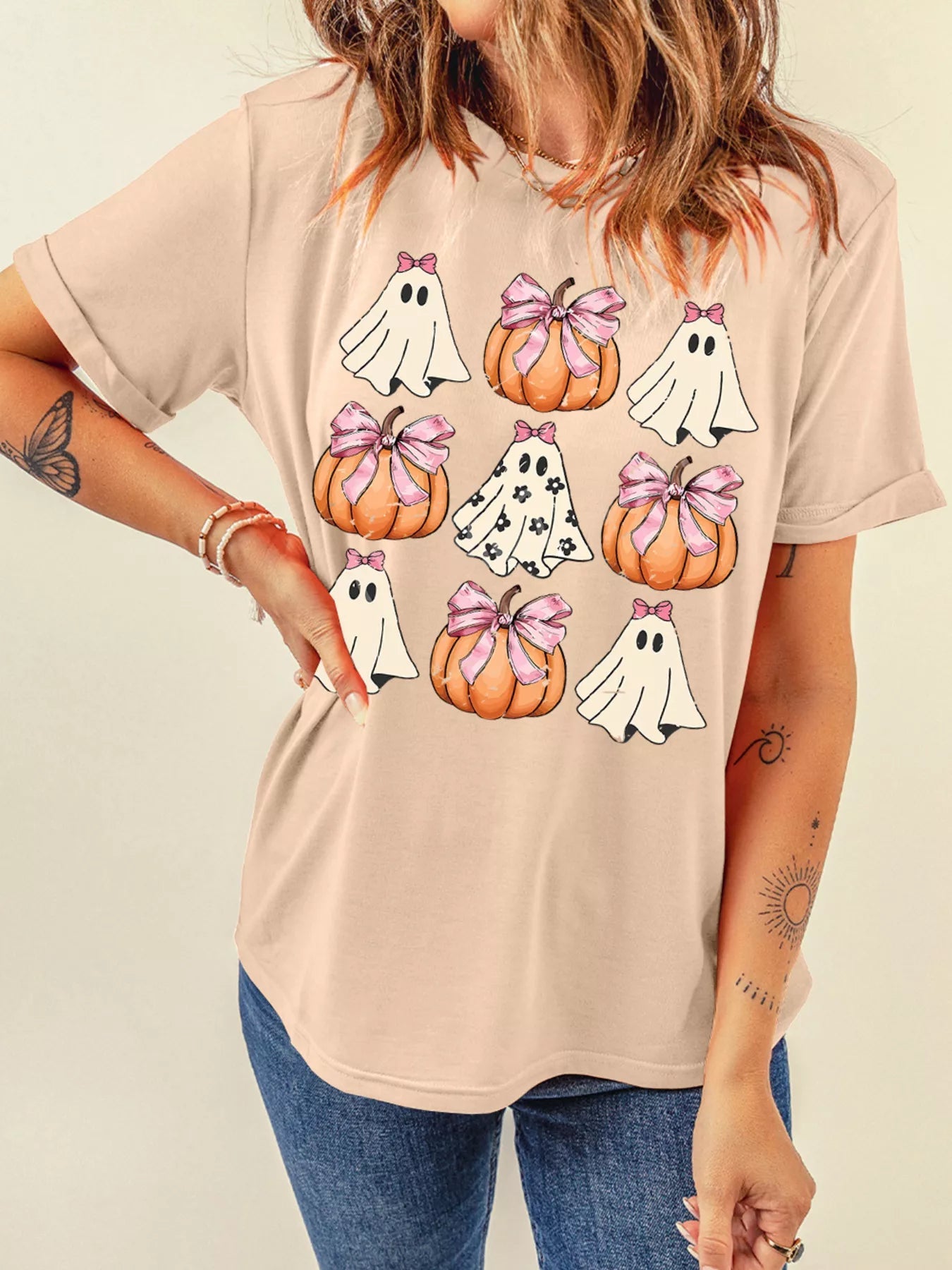 Halloween Bowknot Ghost Pumpkin Graphic T Shirt -  Be Bliss Boutique