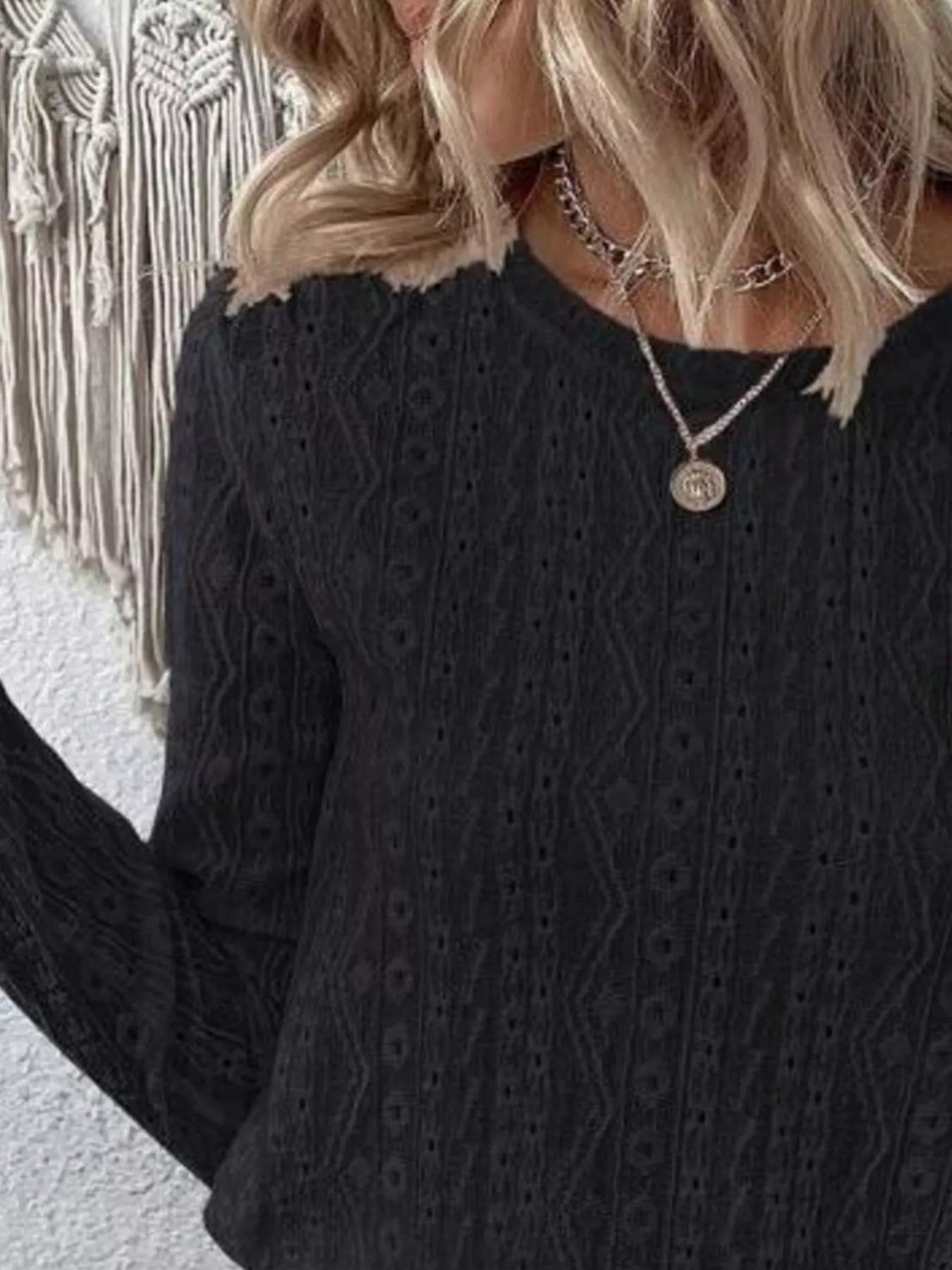 Full Size Eyelet Round Neck Long Sleeve Blouse Plus Size -  Be Bliss Boutique