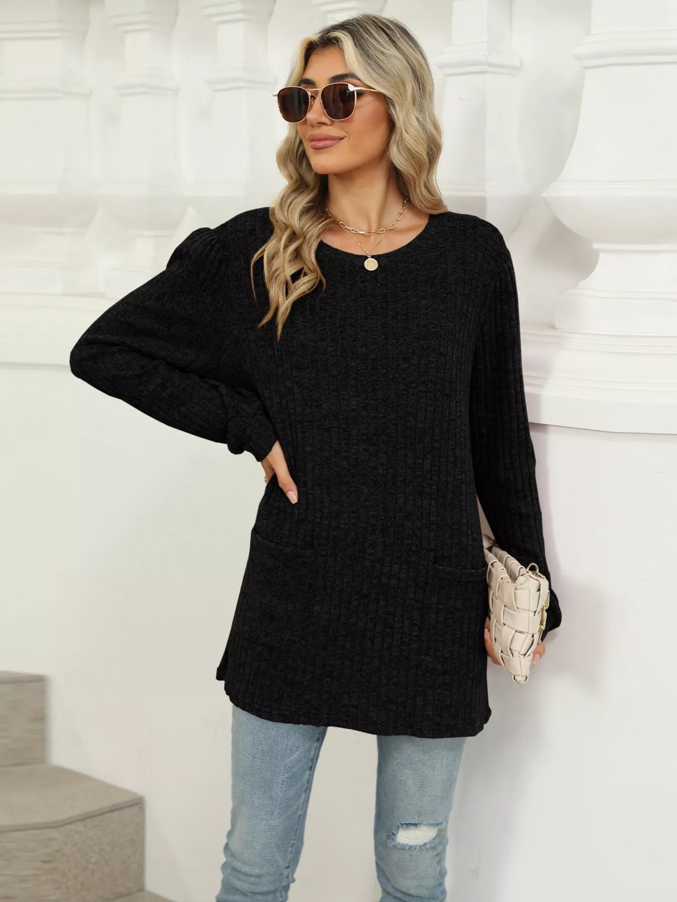 Cozy Ribbed Knit Long Sleeve Tunic Top with Pockets -  Be Bliss Boutique