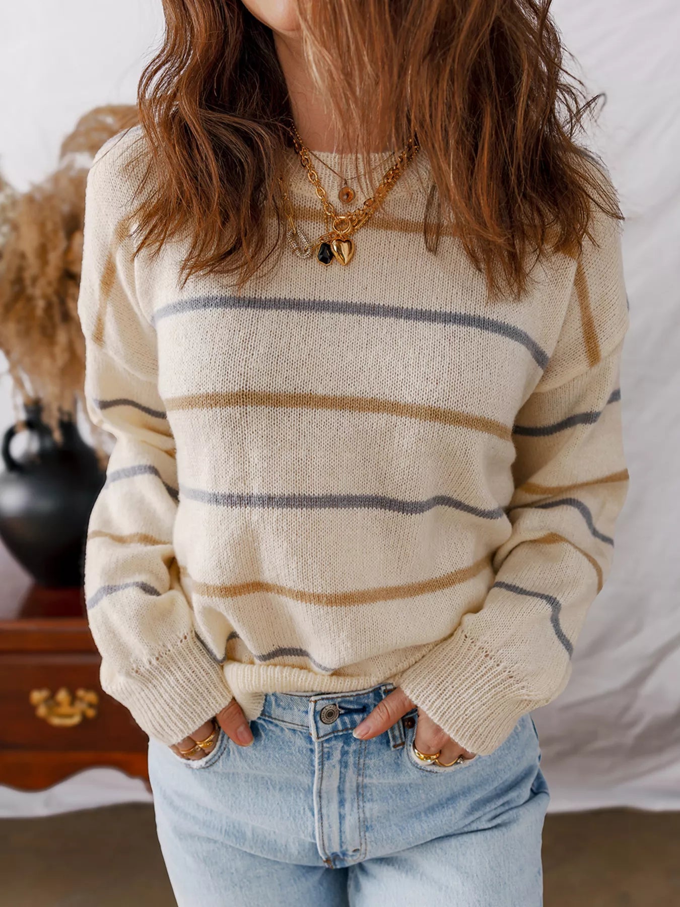 Stripe Striped Ribbed Edge Drop Shoulder Sweater -  Be Bliss Boutique