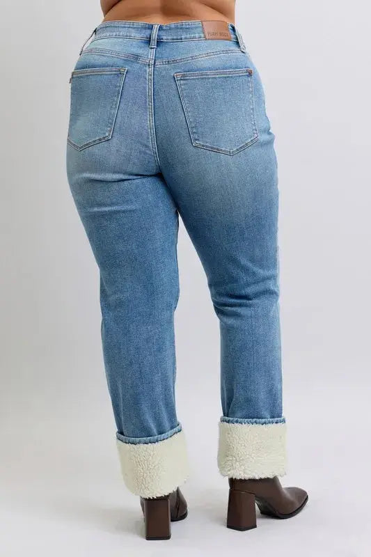 Judy Blue Full Size/Plus Size High Waist Shearling Cuff Straight Leg Jeans |  Be Bliss Boutique