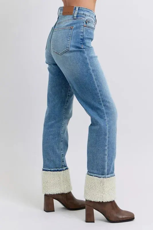 Judy Blue Full Size/Plus Size High Waist Shearling Cuff Straight Leg Jeans |  Be Bliss Boutique