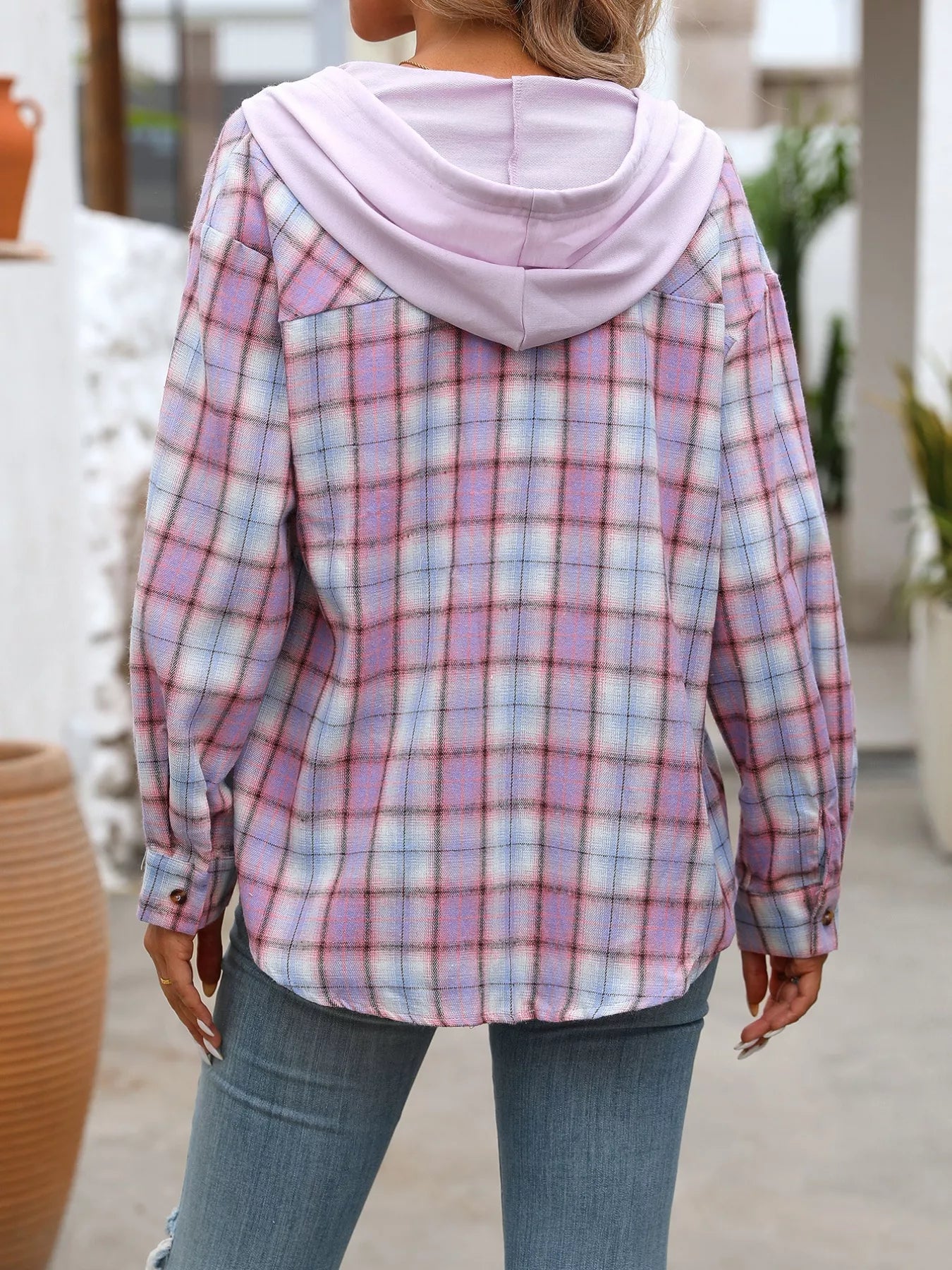 Plaid Button-Up Hooded Shirt with Chest Pocket - Be Bliss Boutique