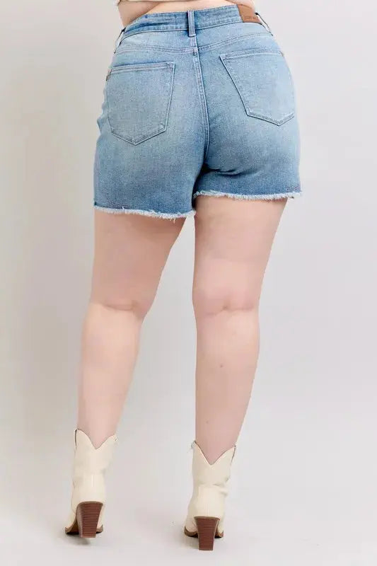 Judy Blue Full Size/Plus Size High Waist Western Embroidery Detail Cut Off Denim Shorts | Be Bliss Boutique