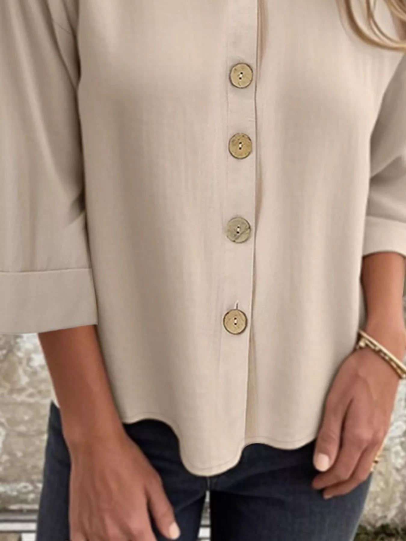 Full Size Button-Front 3/4 Sleeve Casual Blouse Plus Size -  Be Bliss Boutique