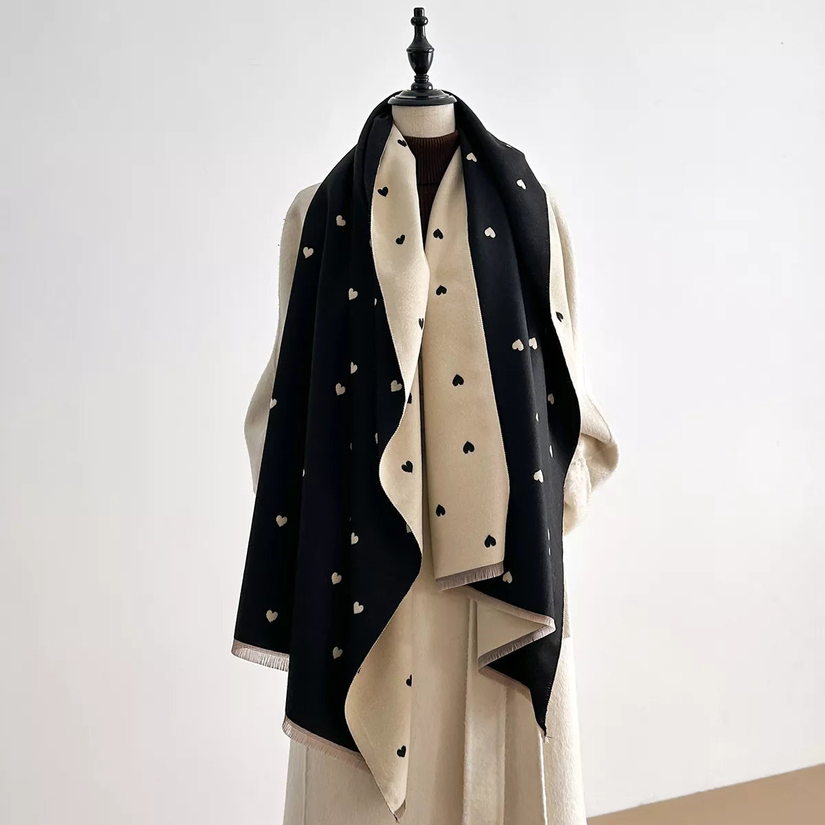 Heart-Patterned Raw Hem Winter Womens Scarf - Be Bliss Boutique