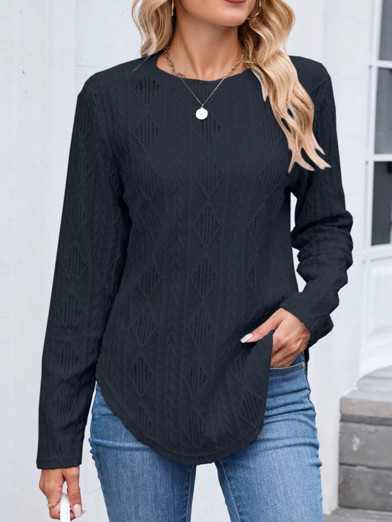 Openwork Textured Long Sleeve Top - Be Bliss Boutique