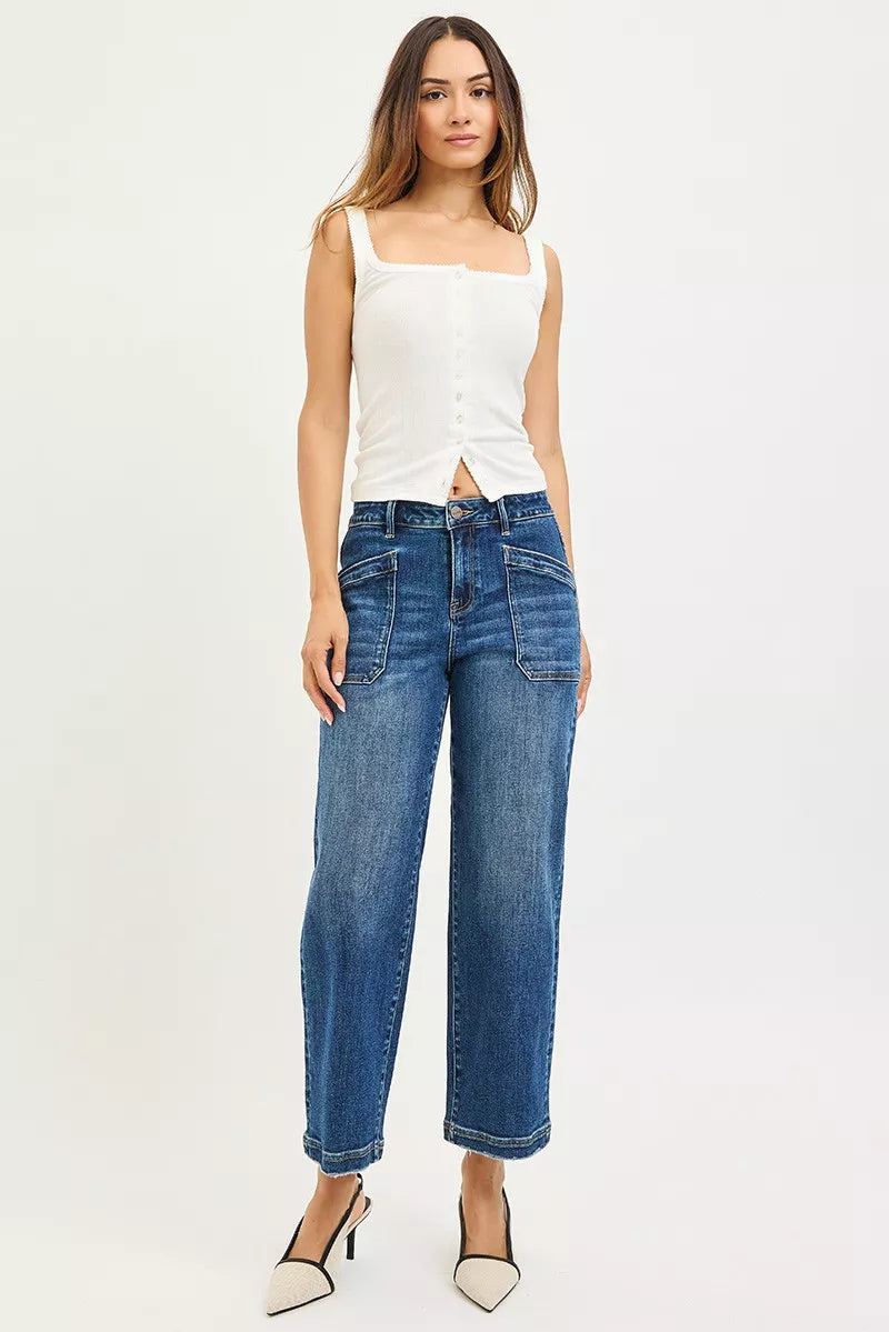 RISEN Jeans - Slouchy Cropped Baggy Jeans with Front Patch Pocket - Be Bliss Boutique