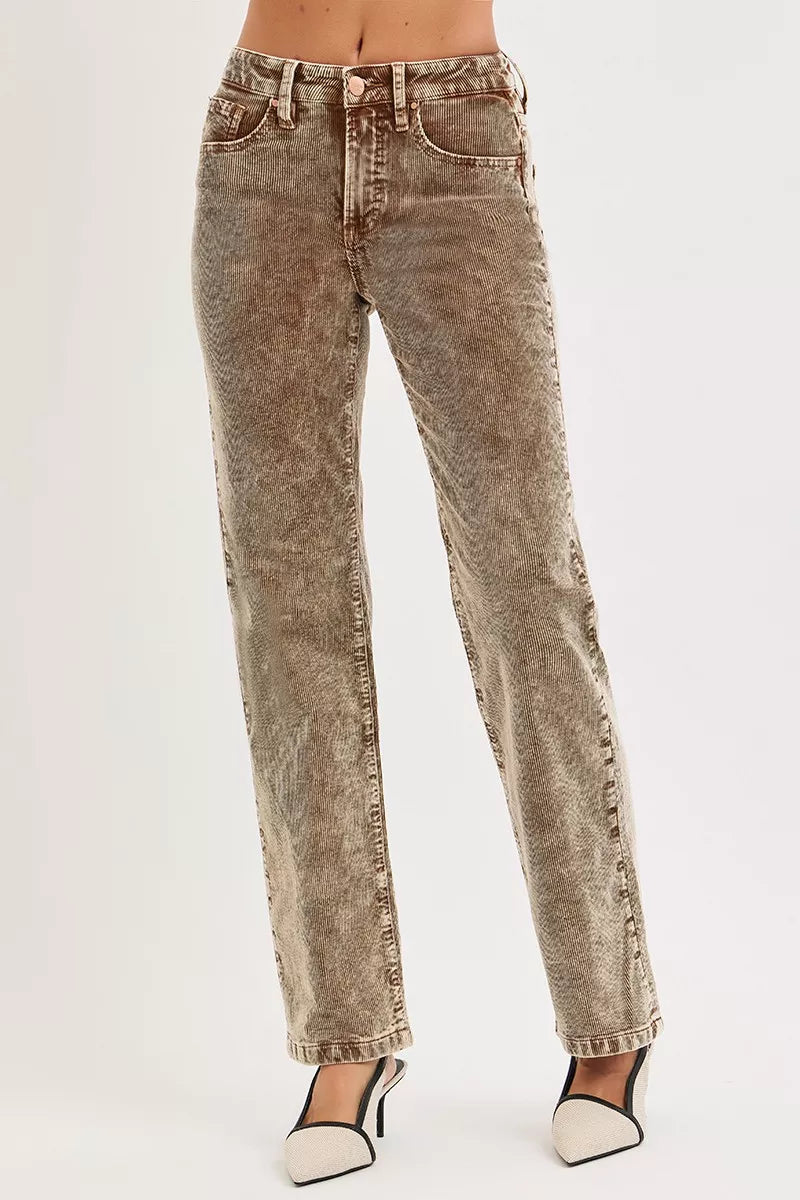 RISEN Tummy Control Mid Rise Straight Leg Corduroy Pants - Be Bliss Boutique