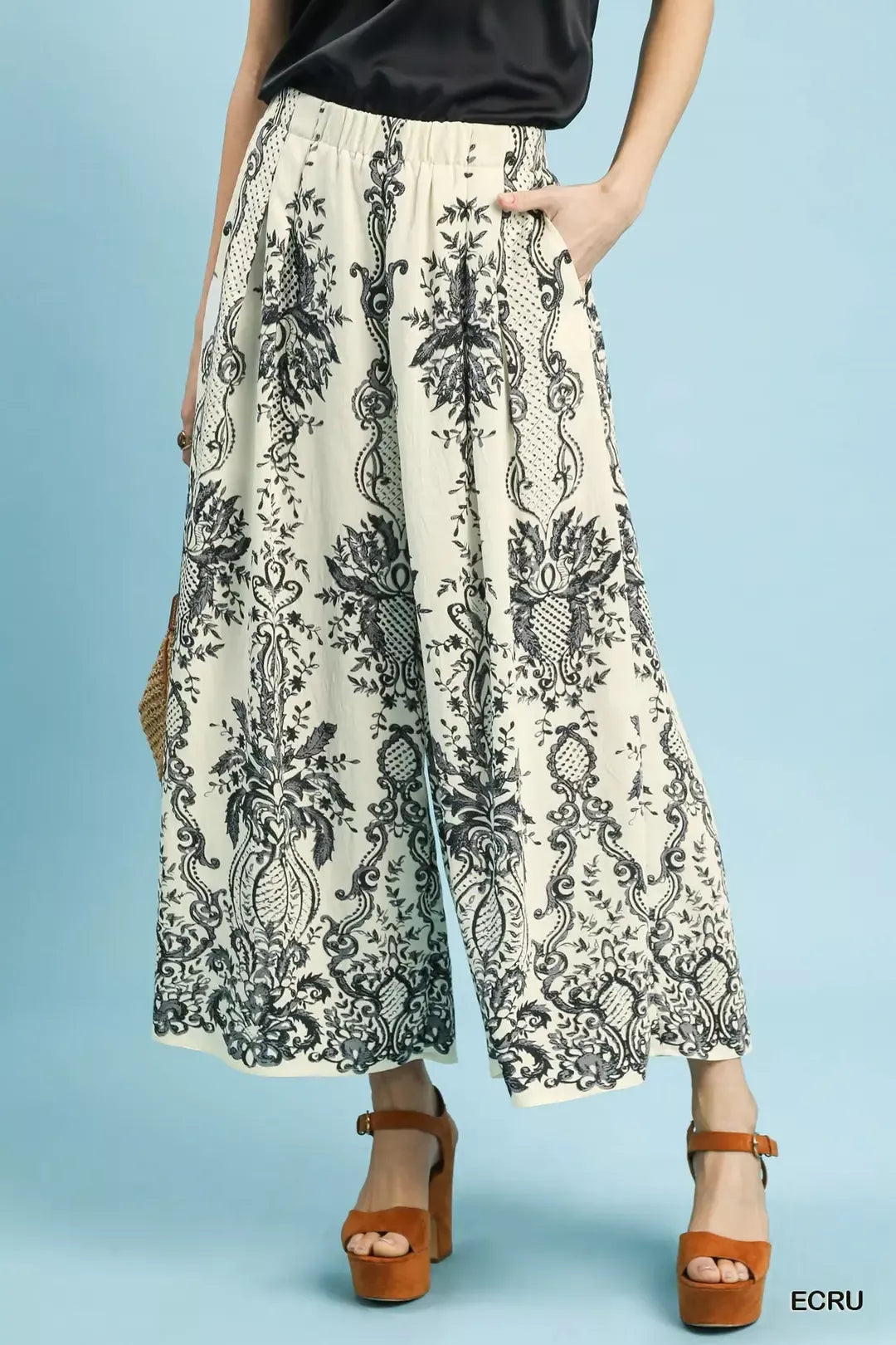 Umgee Border Print Wide Leg Pants - Be Bliss Boutique