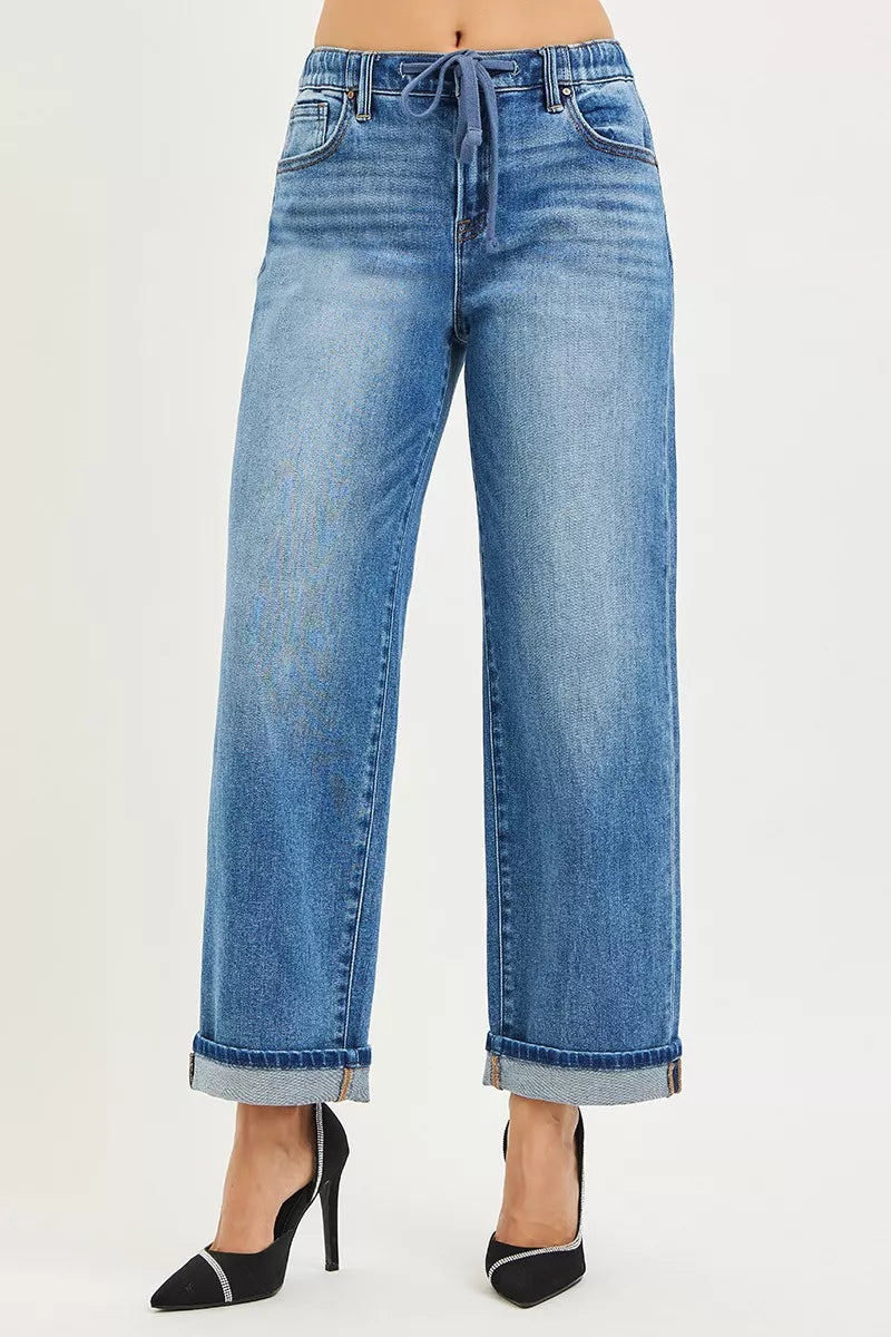RISEN Jeans - Elastic Waist Slouchy Boyfriend Ankle Jeans with Cuffed Hem - Be Bliss Boutique