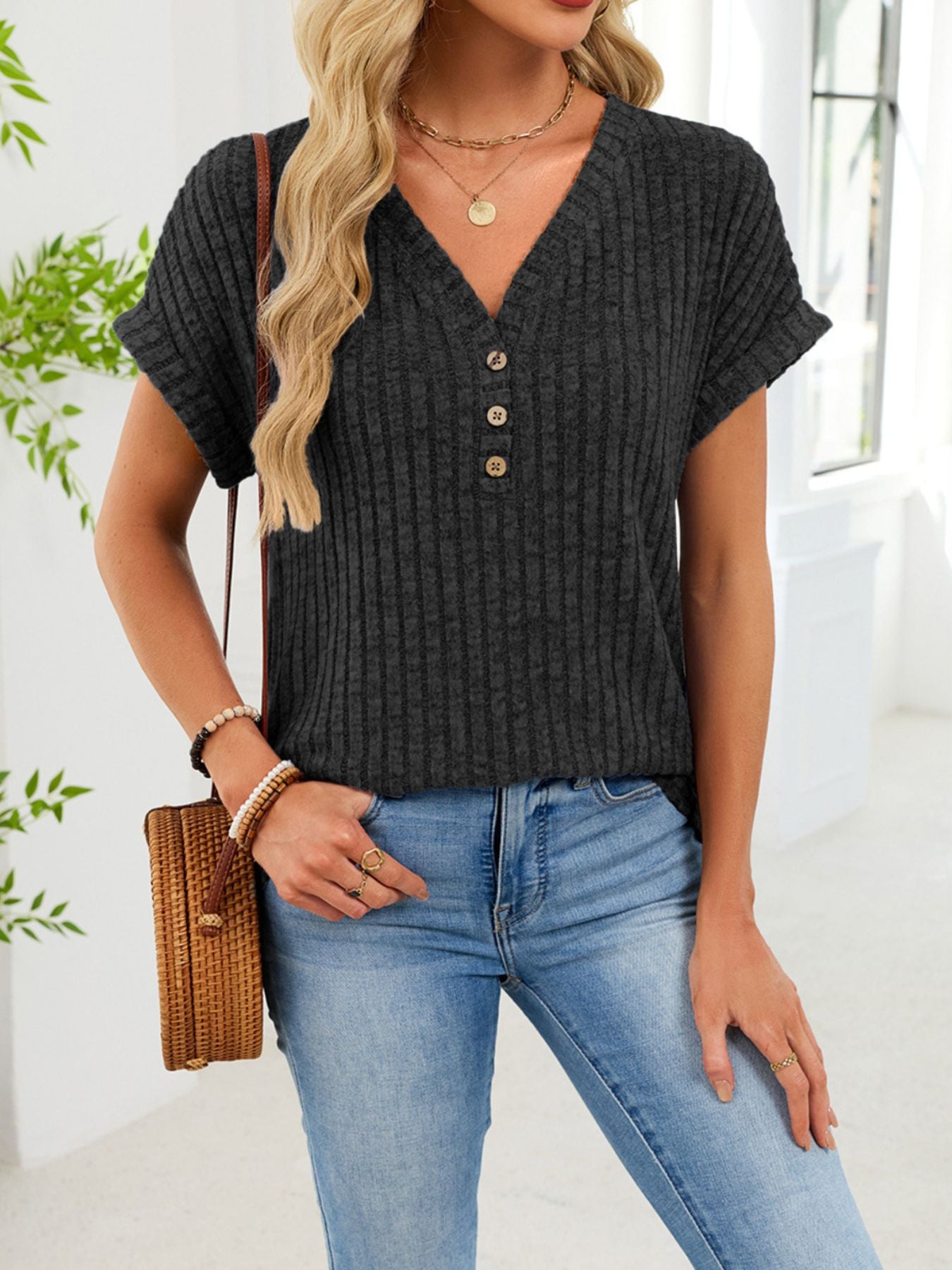 V Neck Ribbed Knit T Shirt - Be Bliss Boutique