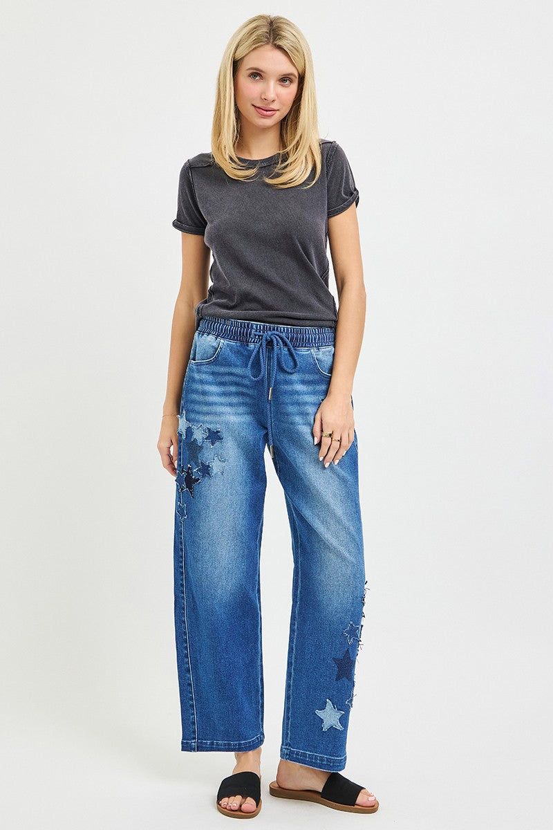 RISEN Elastic Band Slouchy Cropped Barrel Jeans with Star Patch - Be Bliss Boutique