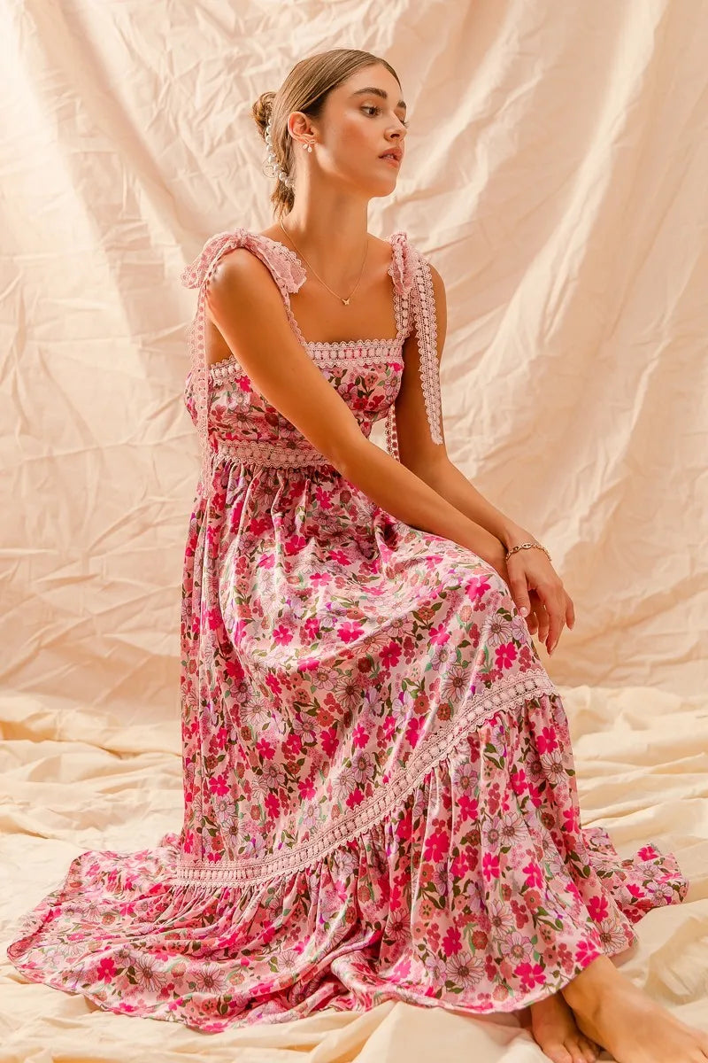 SO ME Floral Maxi Dress With Ribbon Tie Lace Strap -  Be Bliss Boutique