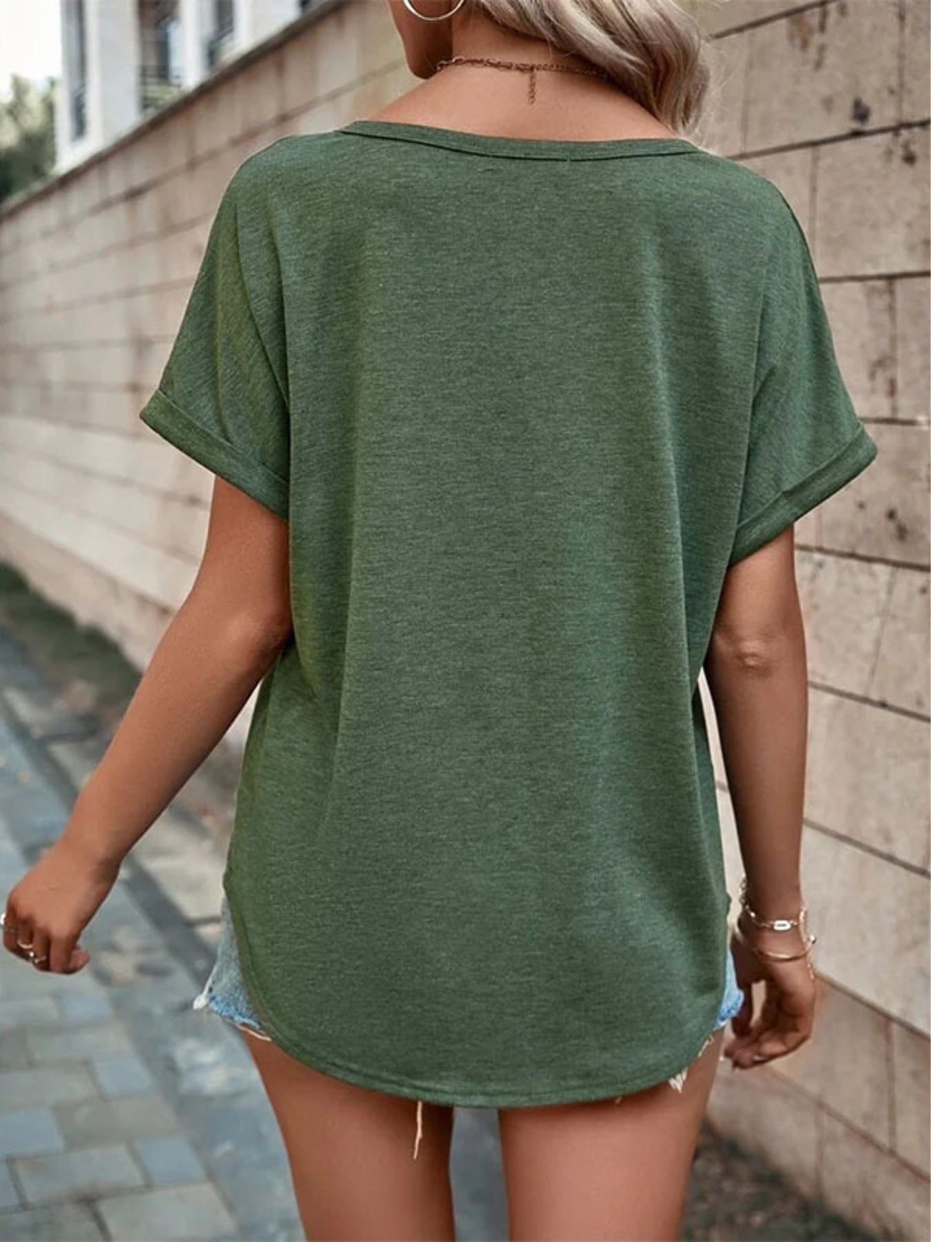 Full Size Decor Button Short Sleeve T Shirt - Be Bliss Boutique
