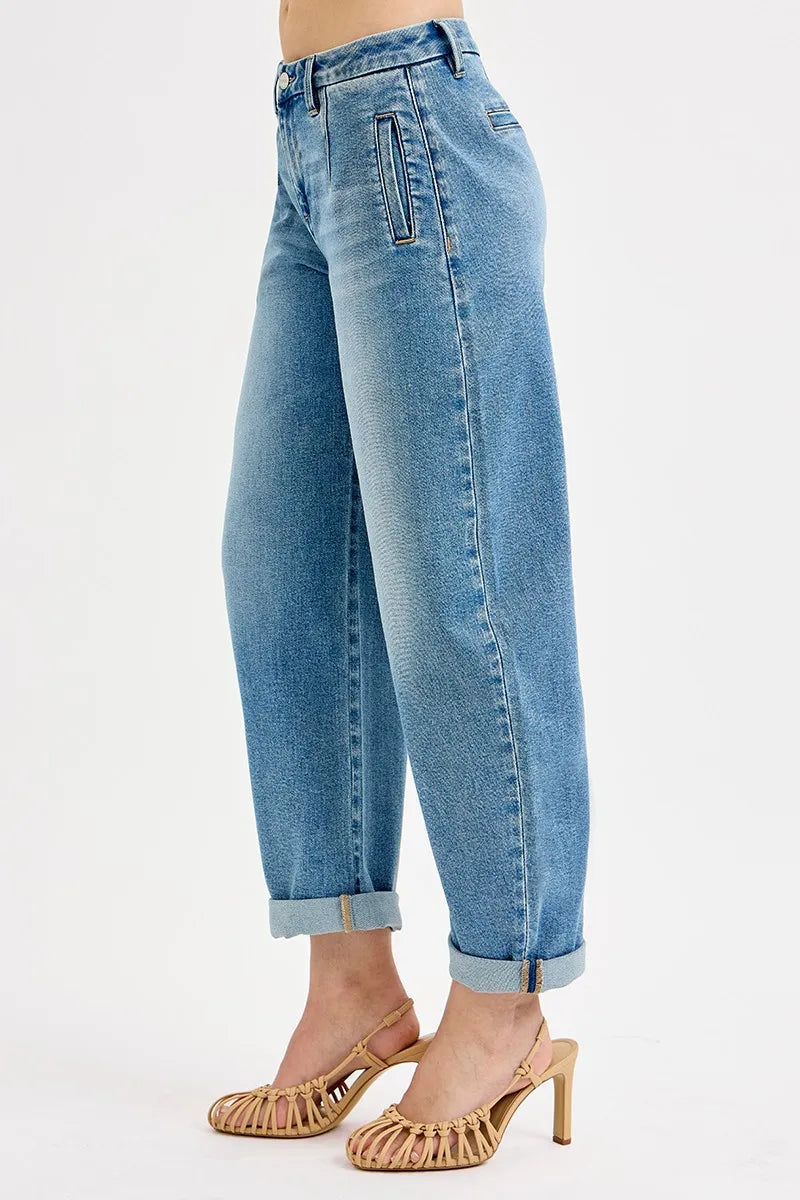 RISEN Full Size Mid Rise Fit Barrel Roll Up Jeans Plus Size -  Be Bliss Boutique