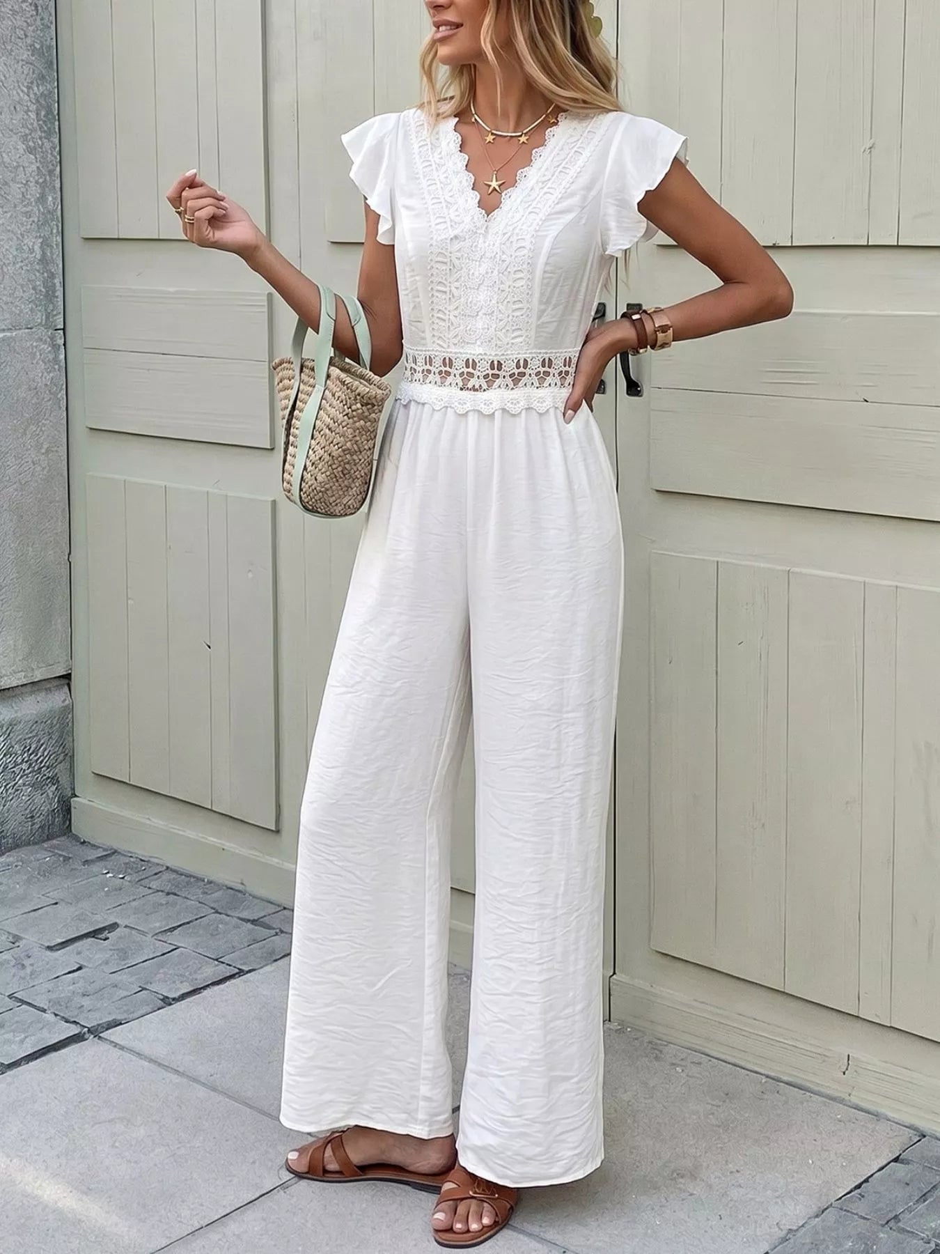 Lace Trim Wide Leg Jumpsuit - Be Bliss Boutique