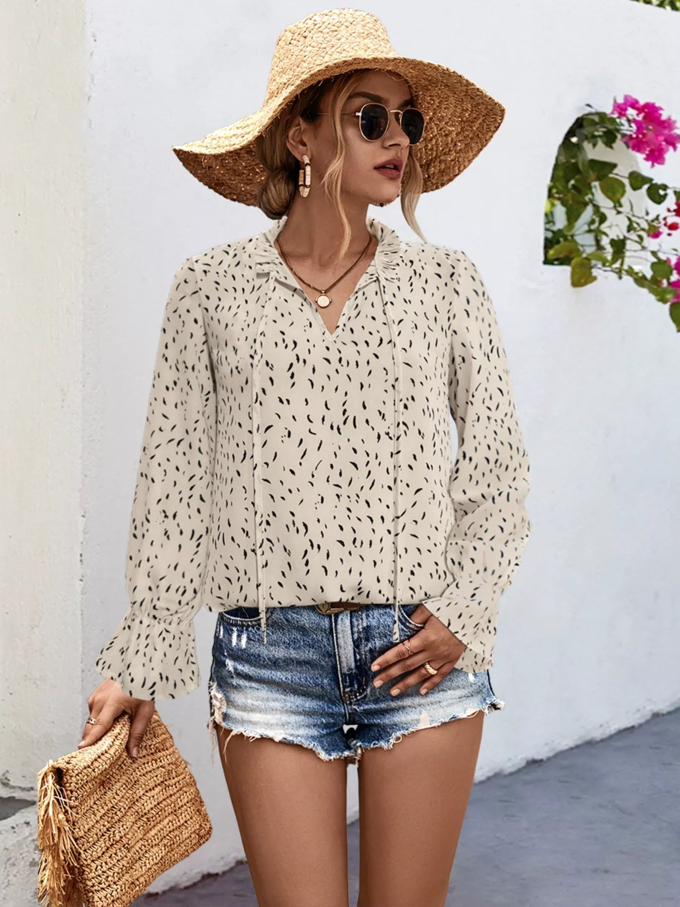 Ruffled Printed Tie Neck Long Sleeve Blouse - Be Bliss Boutique