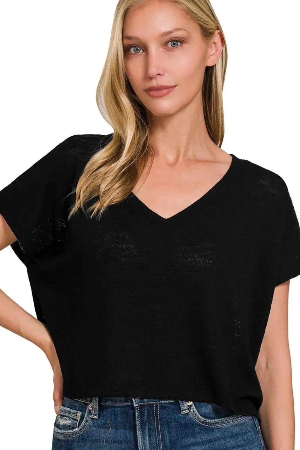 Zenana Hacci Slub V-neck Drop Shoulder Crop Top |  Be Bliss Boutique