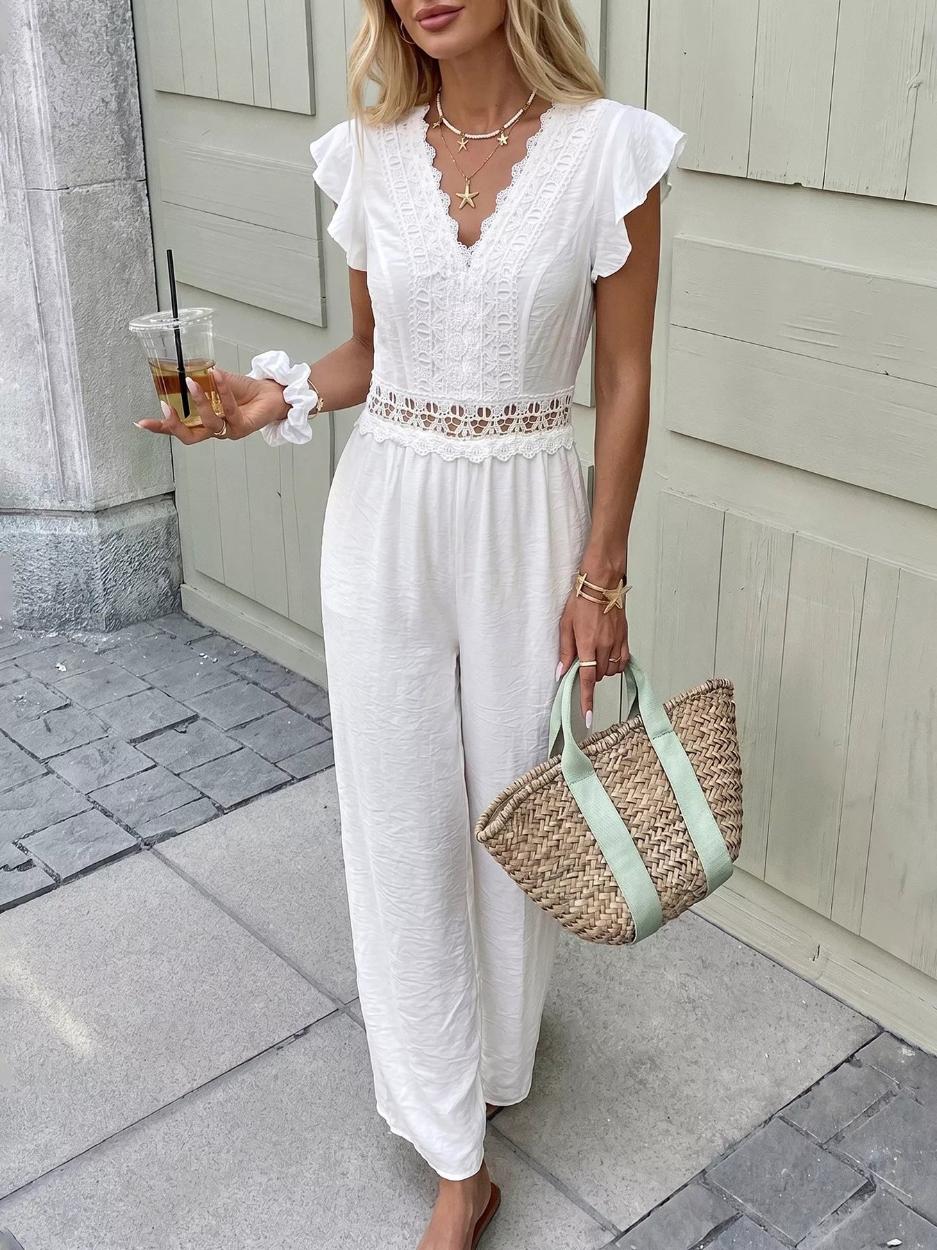 Lace Trim Wide Leg Jumpsuit - Be Bliss Boutique