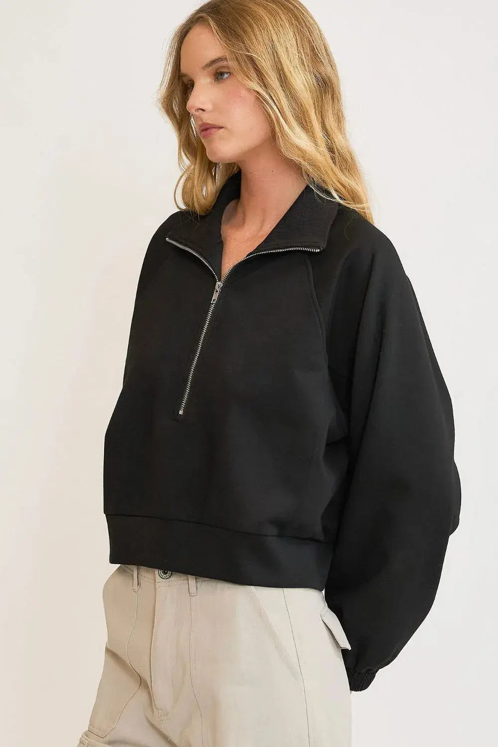 Umgee Full/Plus Size Half Zip Cropped Sweatshirt |  Be Bliss Boutique