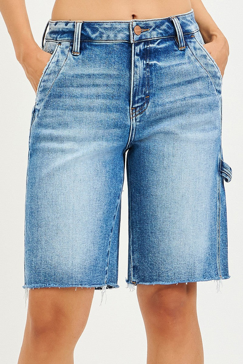RISEN High Waisted Bermuda Jean Shorts with Side Tab Detail - Be Bliss Boutique