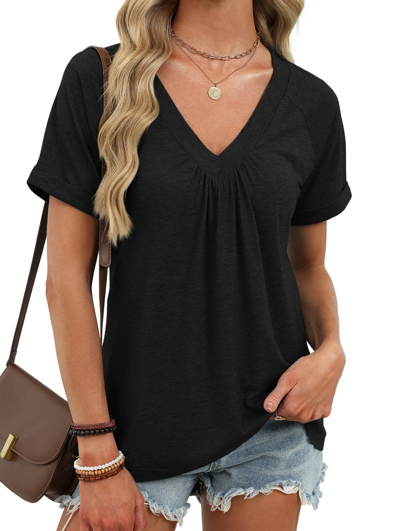 Women's Casual Ruched V Neck Short Sleeve T Shirt - Be Bliss Boutique