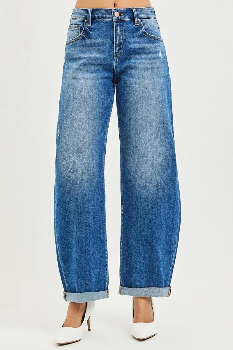 RISEN Jeans - Full Size Mid Rise Barrel Double Roll Up Jeans - Be Bliss Boutique