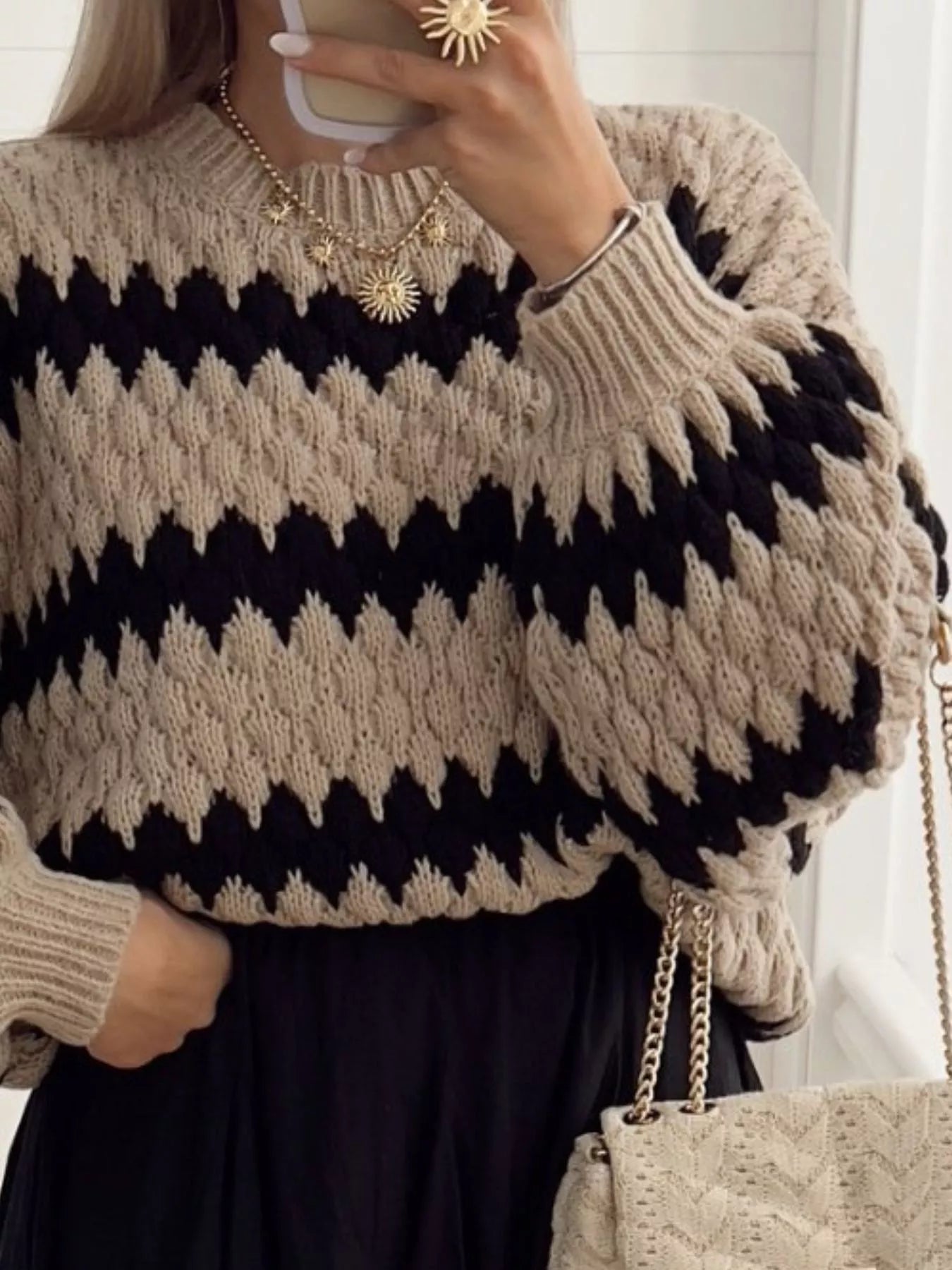 Striped Round Neck Dropped Shoulder Sweater -  Be Bliss Boutique