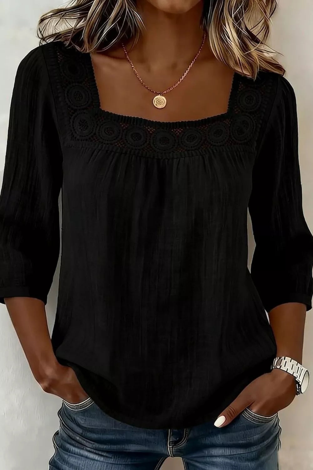 Crochet Trim Square Neck Blouse - Be Bliss Boutique