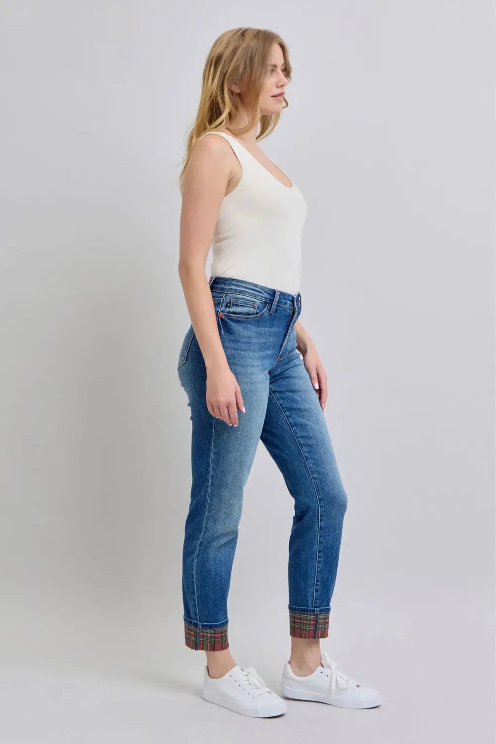 Judy Blue Full/Plus Size Plaid Print Cuff Straight Leg Jeans with Pockets | Be Bliss Boutique