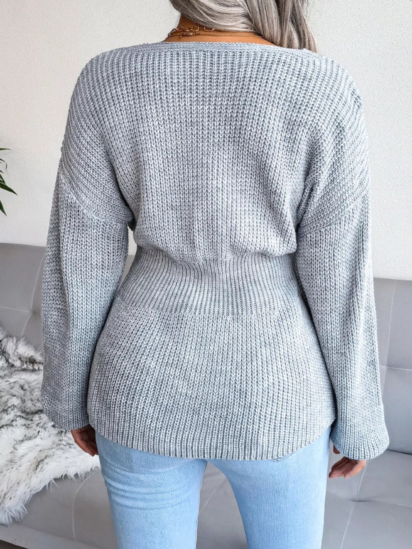 V-Neck Dropped Shoulder Sweater - Be Bliss Boutique