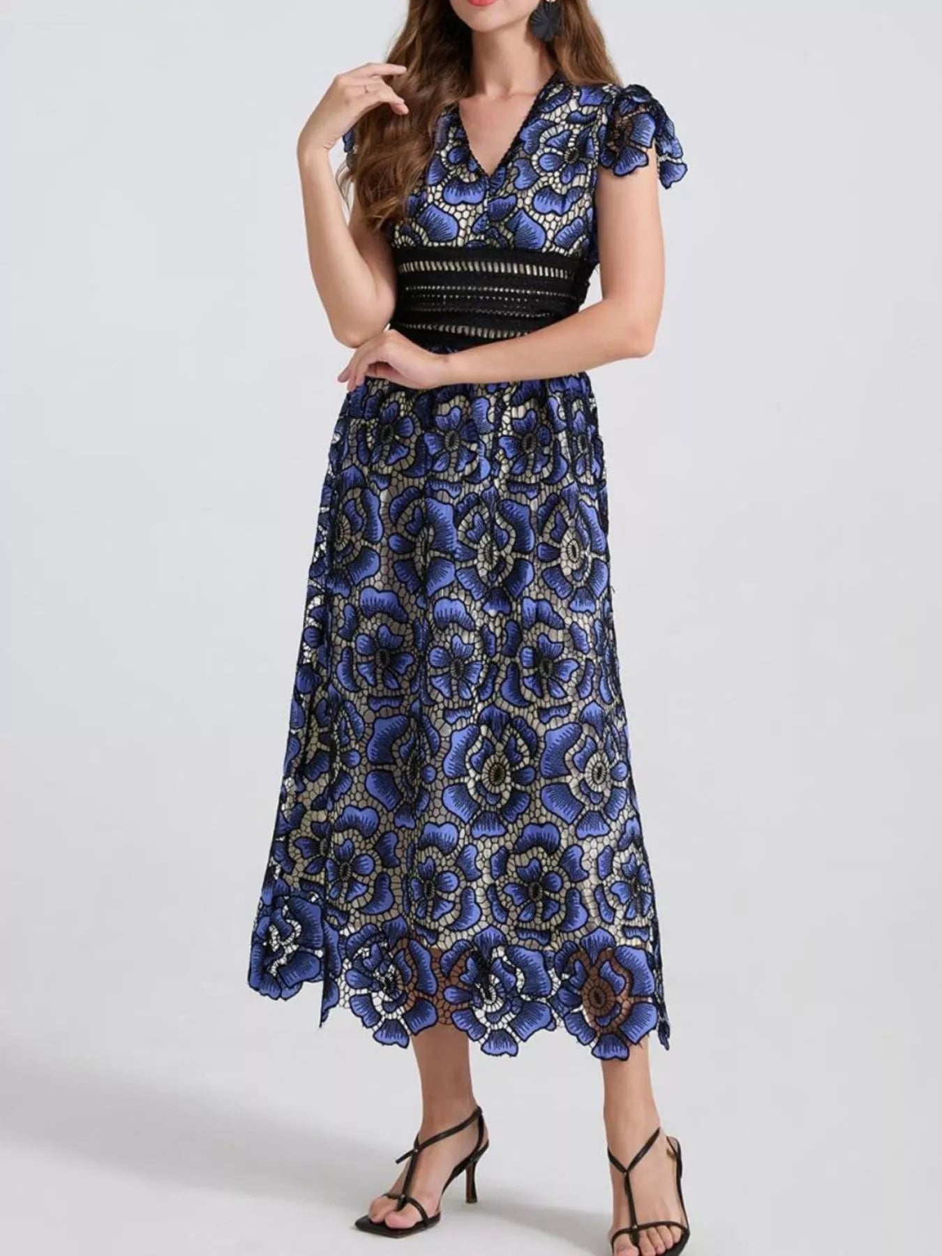 Printed V-Neck Ruffle Sleeve Midi Dress - Be Bliss Boutique